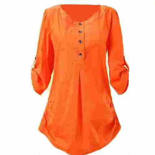 Super Qyuality Women Cotton Button Type Orange Colour Plain Top For Jeans