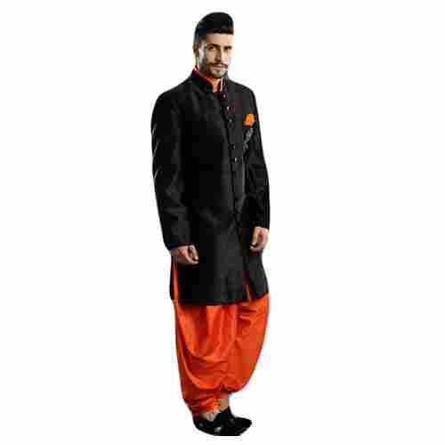 Comfortable Ethnic Wear Sherwani For Men With Combination Of Black And Orange 