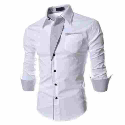 White Color Full Sleeves Plain Shirt With Front Single Pocket And Black Color Button