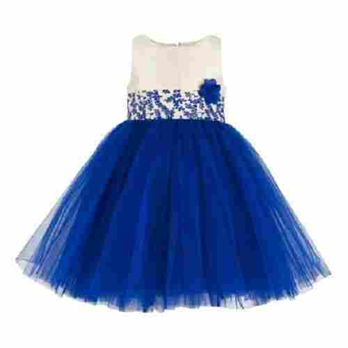 Designer Blue Color Breathable Netted Sleeveless Baby Girls Frocks For Party Wear