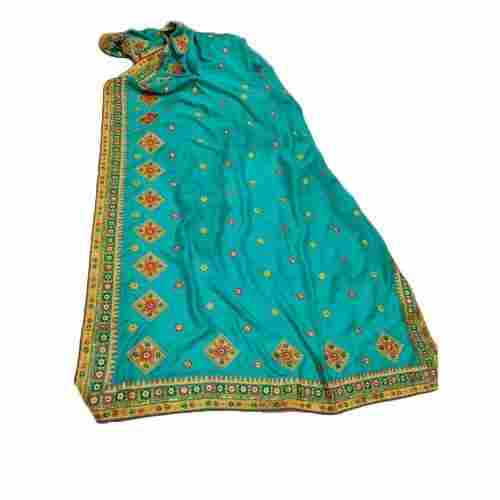 Party Wear Ladies Greenish Blue Colour Embroidery Silk Saree With Red, Golden Zari And Border