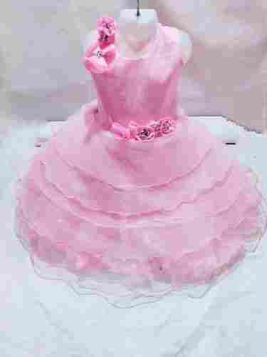Sleeveless Pink Color Barbie Doll Kids Trendy Frock with Flower Design Attached