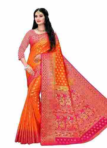 Orange Color Ladies Banarsi Style Printed Traditional Cotton Art Silk Fabric Saree
