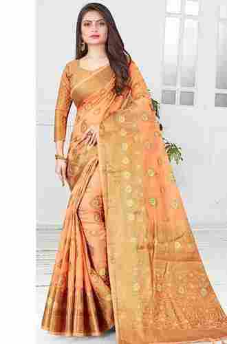 Peach Color Printed Cotton Kanjivaram Type Traditional Style Silk Saree For Women
