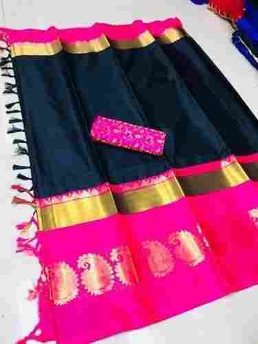 Party Wear Black And Pink Color Pure Soft Cotton Silk Saree With Blouse Piece