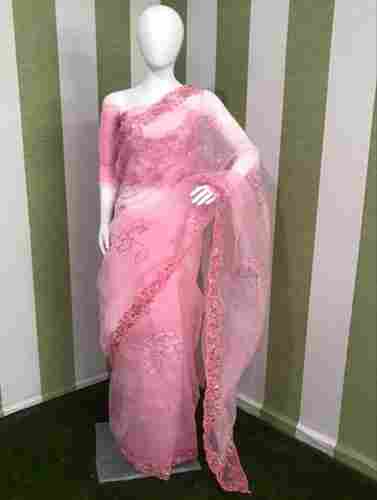 Ladies Baby Pink Heavy Pure Designer Net Saree With Rich Pallu Border