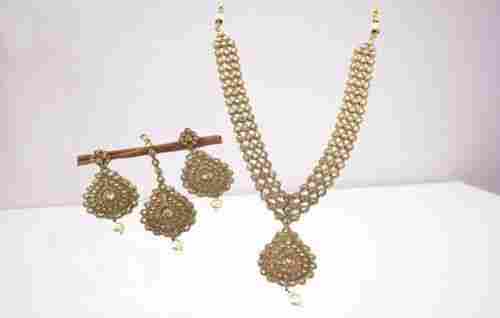 Wedding And Party Wear Golden Kundan Polki Long Necklace Set For Women