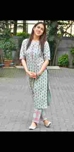 Round Neck 3/4 Sleeves Women'S Cotton Pastel Green Floral Print Casual Kurta And Palazzo