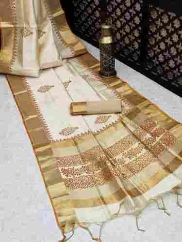 Elegant Design Cream Sandal And Golden Color Party Wear Assam Silk Saree