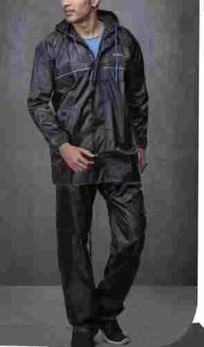 Mens Long Sleeves Plain Polyester Water-Resistant Black Hooded Rain Suit