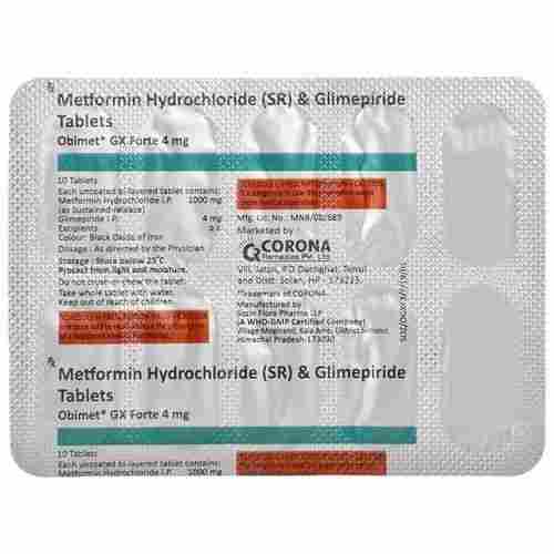 Metformin Hcl With Glime Piride Tablets Obimet Gx Forte 4 Mg Pack Of 10 Tablets