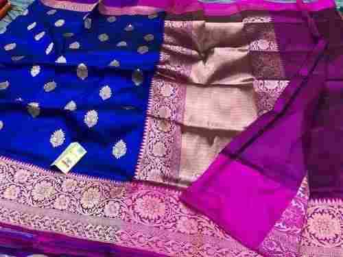 Printed Gota Work With Blue And Purple Combination Pure Banarasi Silk Sarees