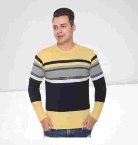 Full Sleeve Striped Men Round Neck Yellow T Shirt For Casual Wear
