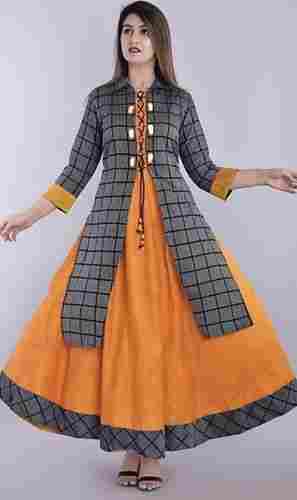 Ladies Casual Wear Collared 3/4th Sleeves Checked Cotton Frock Suits