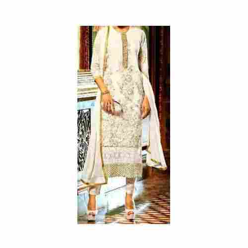 3/4th Sleeves White Colour Designer Churidar Suit With Golden Prints
