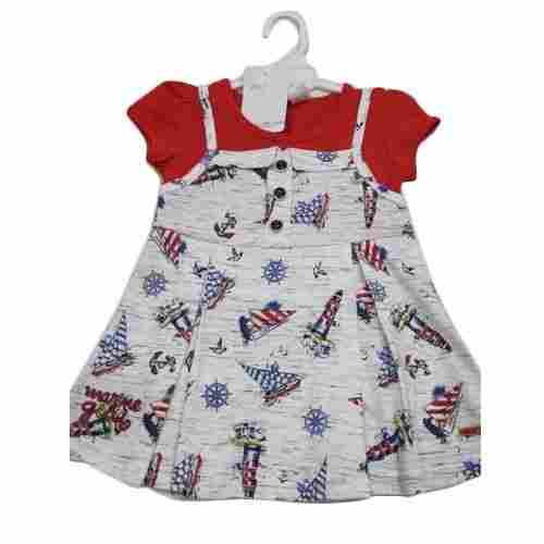 White And Red Colour Baby Cotton Party Wear Dress With Round Neck