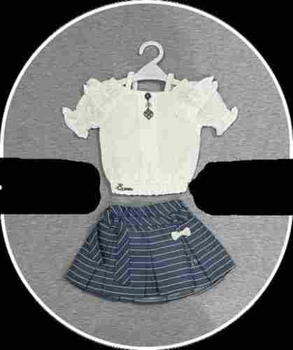 Light Cream And Grey Color Western Design Skirt And Top Set For Girls With Checks Printed Skirt
