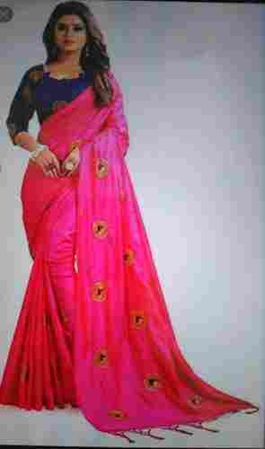 Ladies Sarees In Cotton Silk Fabric And Pink Color For Party Wear Occasion