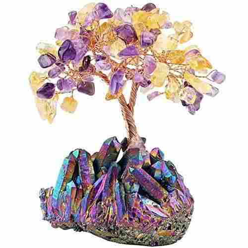 Multi Color Natural Citrine Gem Stone Money Tree With Stone Base For Decoration
