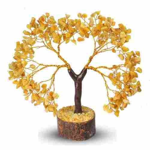 Wood Base Semi Precious Citrine Yellow Color Gem Stone Money Tree For Home Decoration