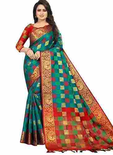 Multi Color Golden Border Cotton Silk Saree with Unstitched Blouse for Party Wear