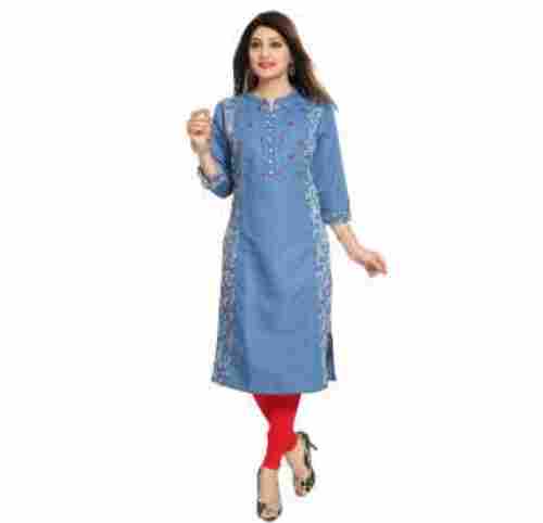 3/4 Sleeves Blue Color Ladies Straight Kurta for Casual and Regular Wear
