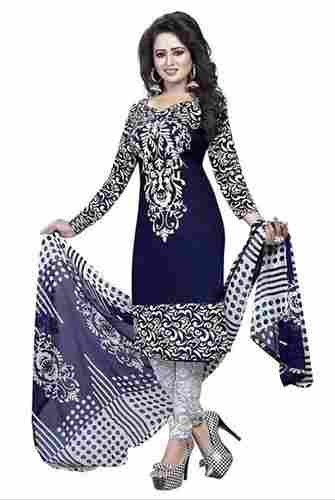 Blue And White Thread Work Straight Ladies Fancy Kurti with Printed Dupatta