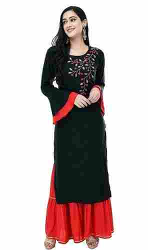 Red And Black Color Womens Rayon Embroidered Straight Kurta with Palazzo