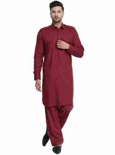 Long Sleeves Red Colour Party Plain Men Cotton Pathani Kurta Pajama
