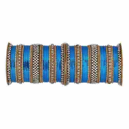 Attractive Designs And Finely Finished Blue And Golden Colour Fancy Bangle Set