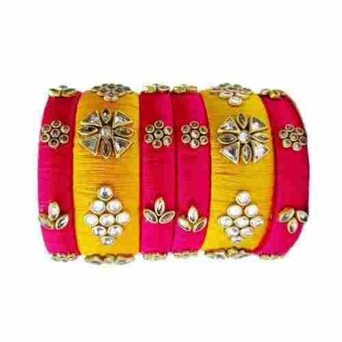 Attractive Designs, Finely Finished Pink And Yellow Colour Fancy Silk Thread Bangles