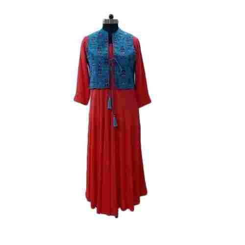 Ladies Long Sleeves Round-Neck Red Plain Rayon Long Kurti With Red Jacket