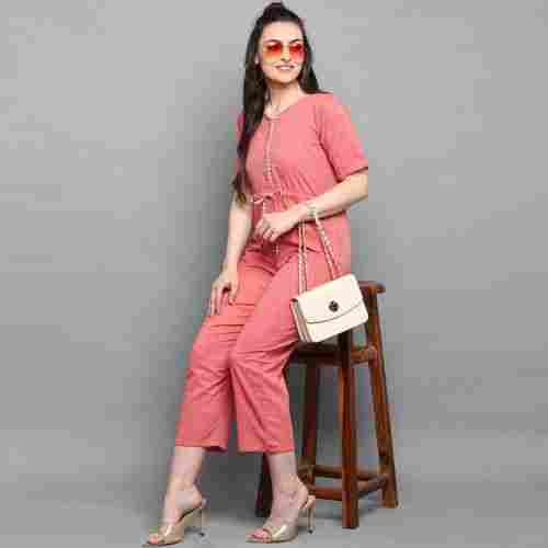 Pink Color Cotton Western Jumpsuits With Short Sleeve For Party Wear