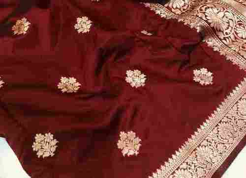 Maroon Color Zari Work Woven Golden Border Ladies Saree With Unstitched Blouse Piece