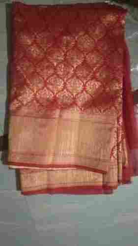 Red Color Golden Printed Ethnic Wear Ladies Silk Saree With Unstitched Blouse Piece