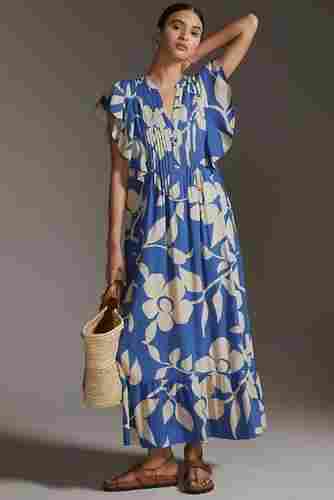 Comfortable Blue Color Half Sleeve Printed Cotton Maxi Dress For Ladies
