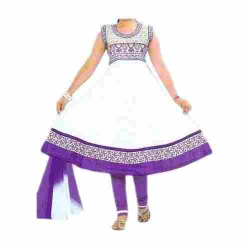 White And Violet Colour Churidar Suit With Sleeveless And Polyester Materials