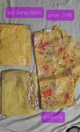 Ladies Yellow Gunja Fabric Party Wear Full Stitch Salwar Suit With Dupatta