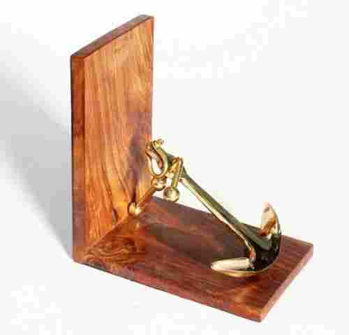 Brown And Golden Natural Brass And Wooden Anchor Bookend, 6x5.5x3.5 Inch
