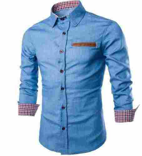 Full Sleeve Cotton Fabric Mens Stylish Shirt In Blue Color, (S, M, L)