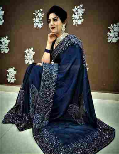 Navy Blue Fashionable Silk Stone Work Designer Saree with Blouse Piece