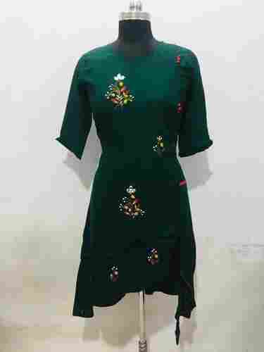 Dark Green Color Comfortable Embroidered Rayon Straight Kurti For Ladies