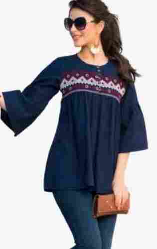 100% Pure Cotton Blue Color Long Sleeves Casual Wear Printed Pattern Ladies Top