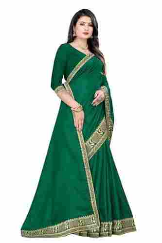 Cotton Silk Fabric Plain Green Color Cotton Saree For Party Wear
