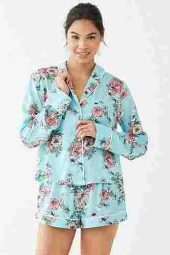 Light Blue Color Silk Material Floral Print Shirt And Shorts Set For Girls Night Wear