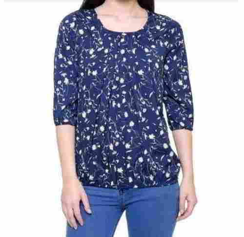 Party Wear Round Neckline Blue And White Shades Printed Ladies Top