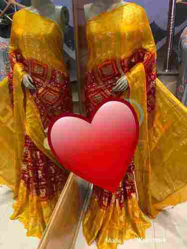Yellow And Red Bandhej Ghadchola Banarasi Saree With Heavy Zari Work For Ladies