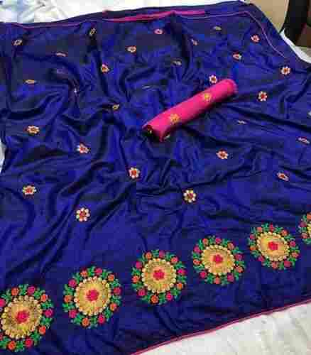 Party Wear Blue Colour Fancy Design Sana Silk Sarees With Embroidered Work