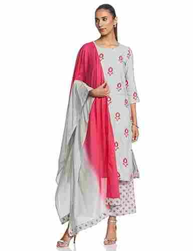 Ladies 3/4th Sleeves Round-Neck White And Pink Printed Rayon Salwar Suits
