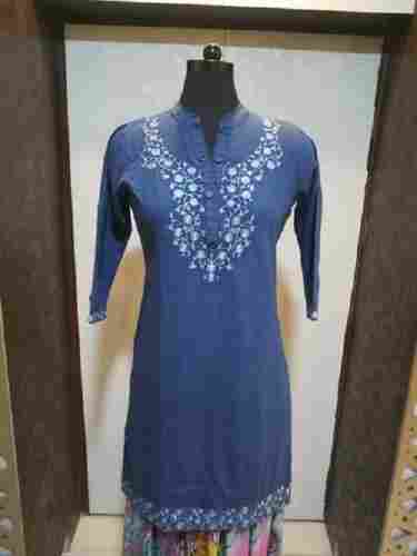 Ladies Casual Wear Regular Fit 3/4th Sleeves Blue Plain Denim Long Kurti